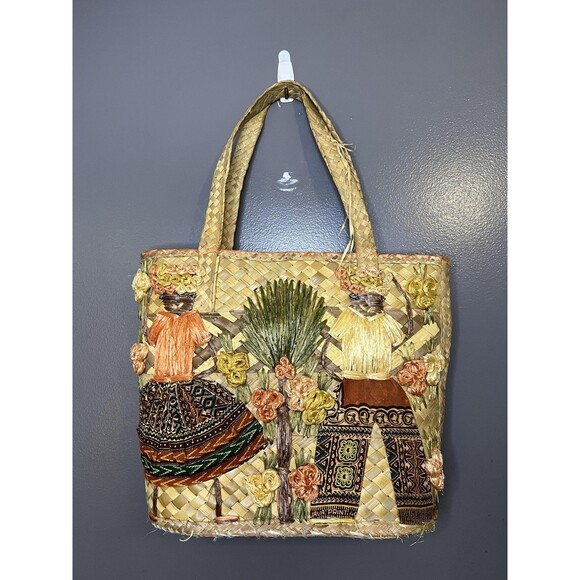 Handmade Handbags - Vintage Straw Tote Bag Womens Large Beige Tropical Floral Applique Lined